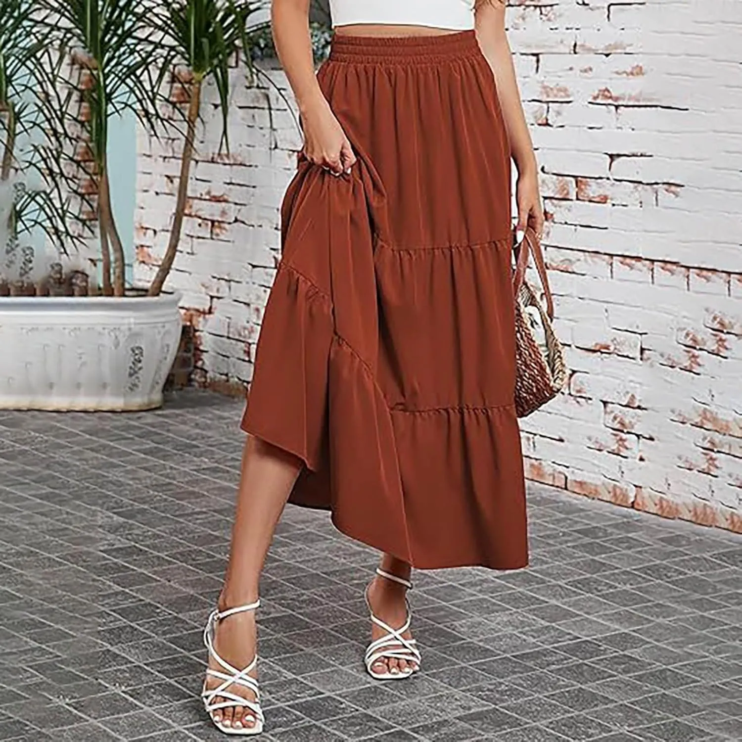 Women's Boho Elastic High Waist Pleated Dress A-Line Flowy Ruffle Tiered Swing Dress Beach Long Skirts with Pockets