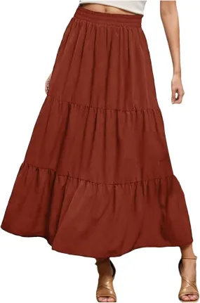 Women's Boho Elastic High Waist Pleated Dress A-Line Flowy Ruffle Tiered Swing Dress Beach Long Skirts with Pockets