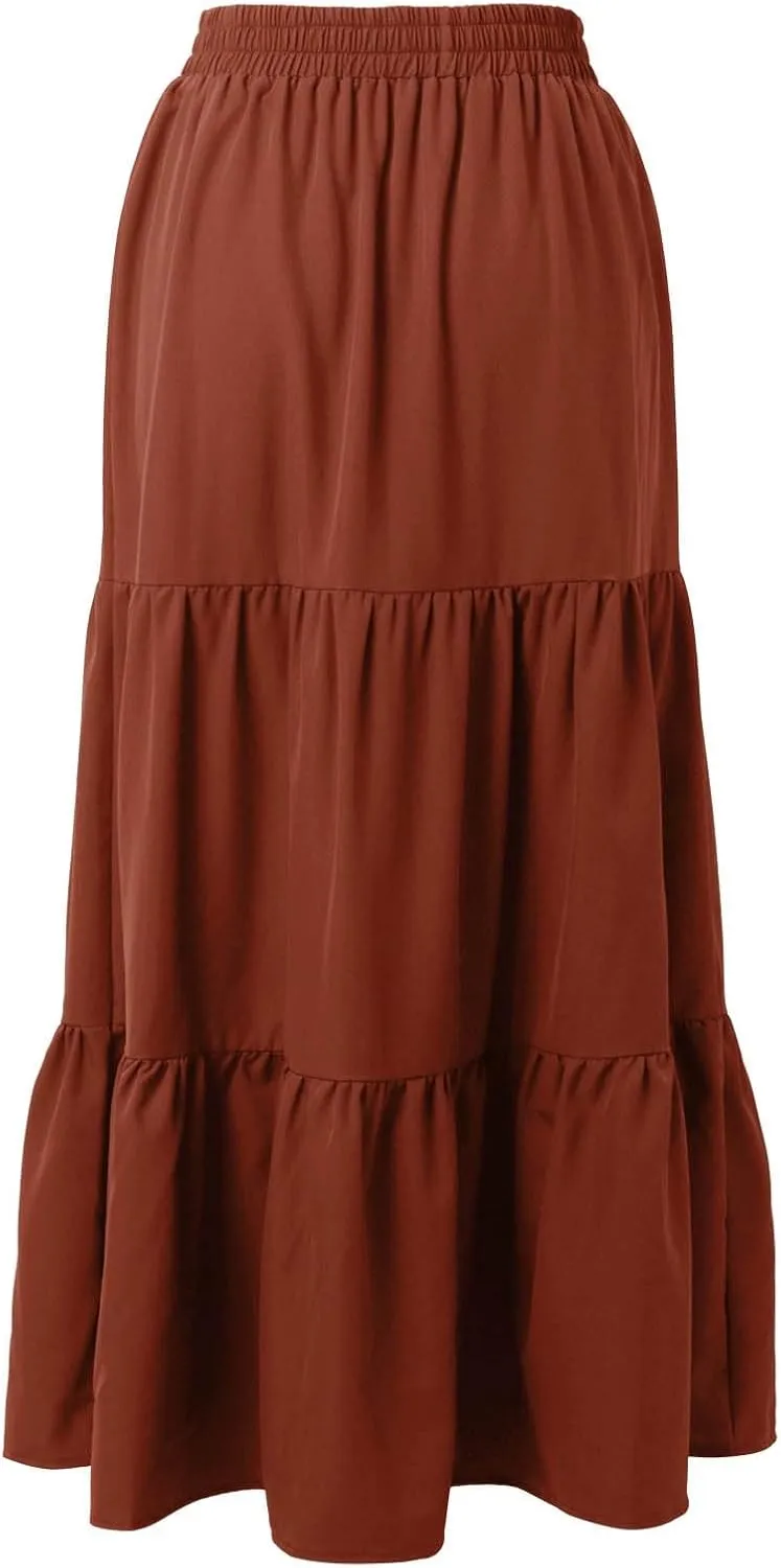 Women's Boho Elastic High Waist Pleated Dress A-Line Flowy Ruffle Tiered Swing Dress Beach Long Skirts with Pockets