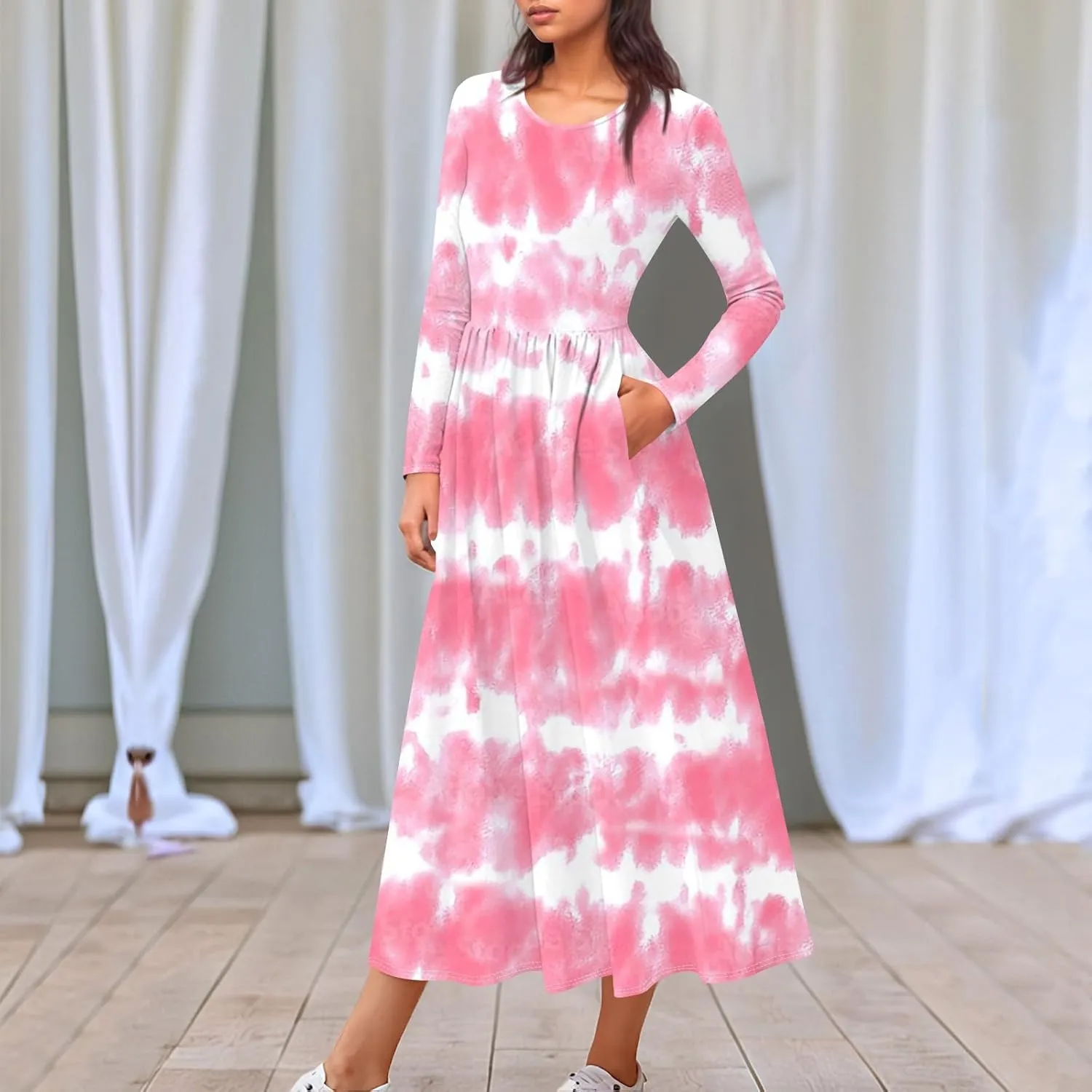Women's Casual Long Sleeve Crewneck Maxi Dress Graphic Print Spring Dresses