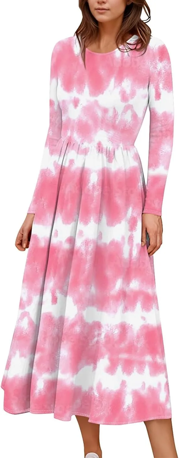 Women's Casual Long Sleeve Crewneck Maxi Dress Graphic Print Spring Dresses