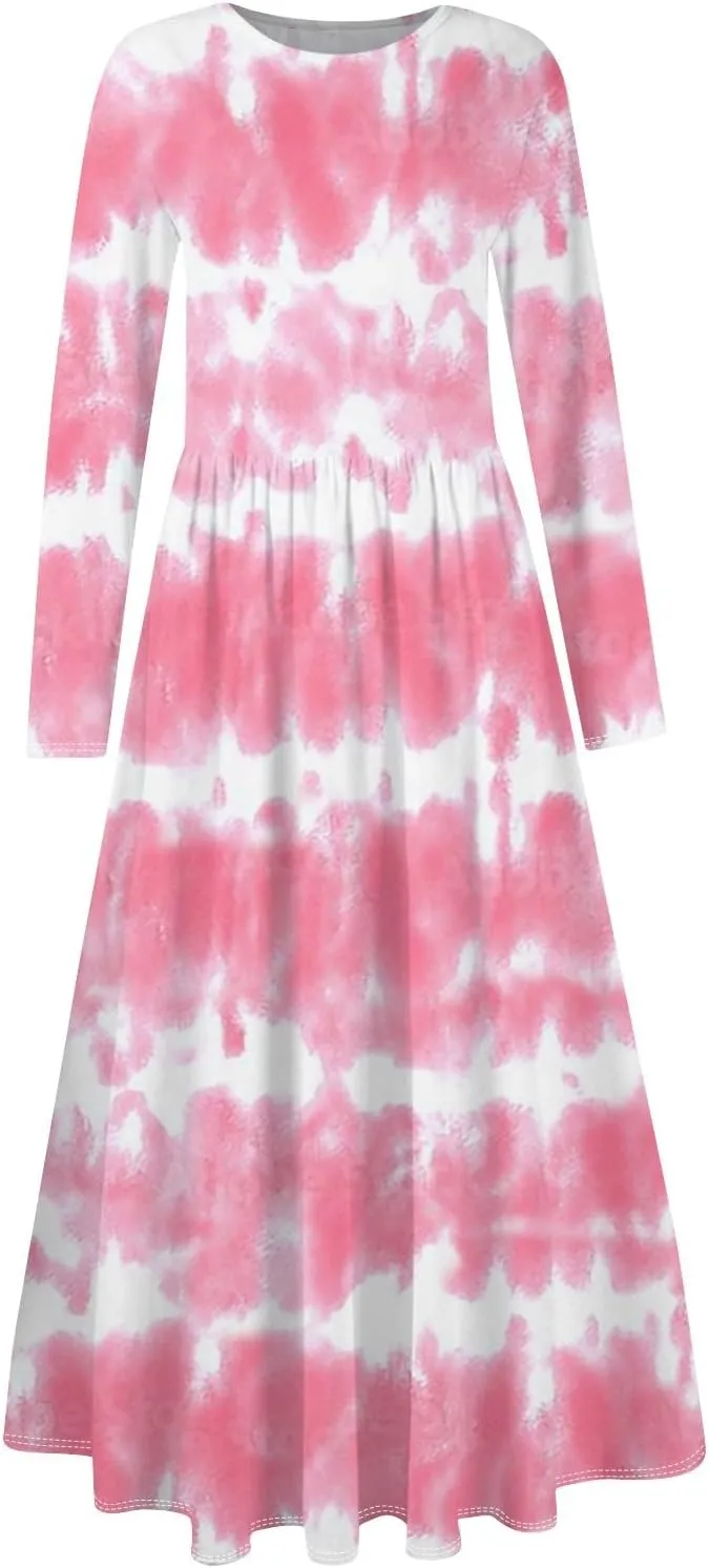 Women's Casual Long Sleeve Crewneck Maxi Dress Graphic Print Spring Dresses