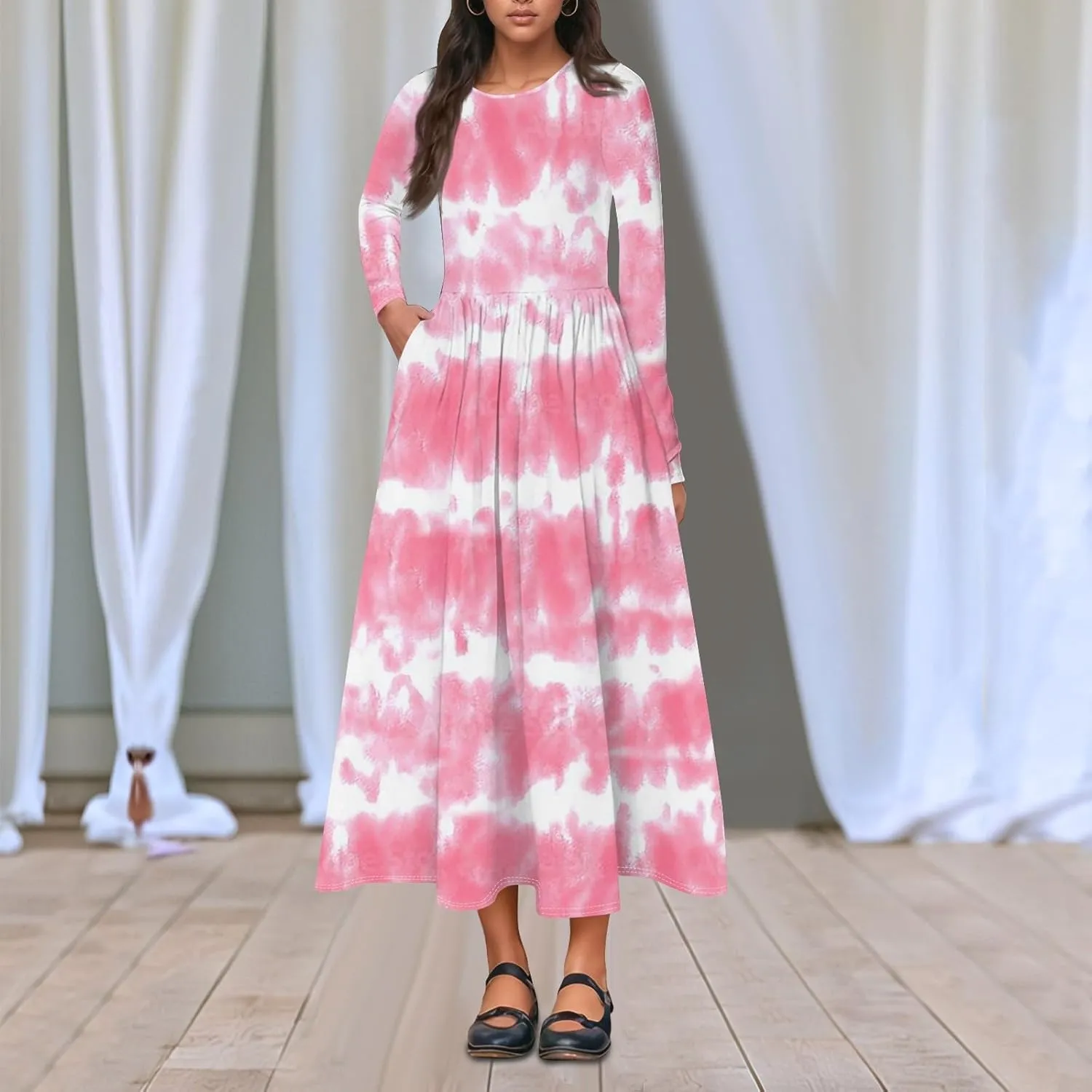 Women's Casual Long Sleeve Crewneck Maxi Dress Graphic Print Spring Dresses