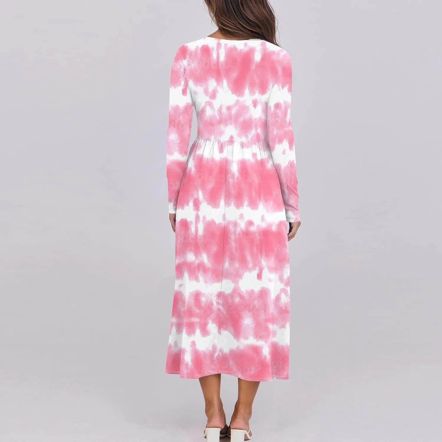 Women's Casual Long Sleeve Crewneck Maxi Dress Graphic Print Spring Dresses