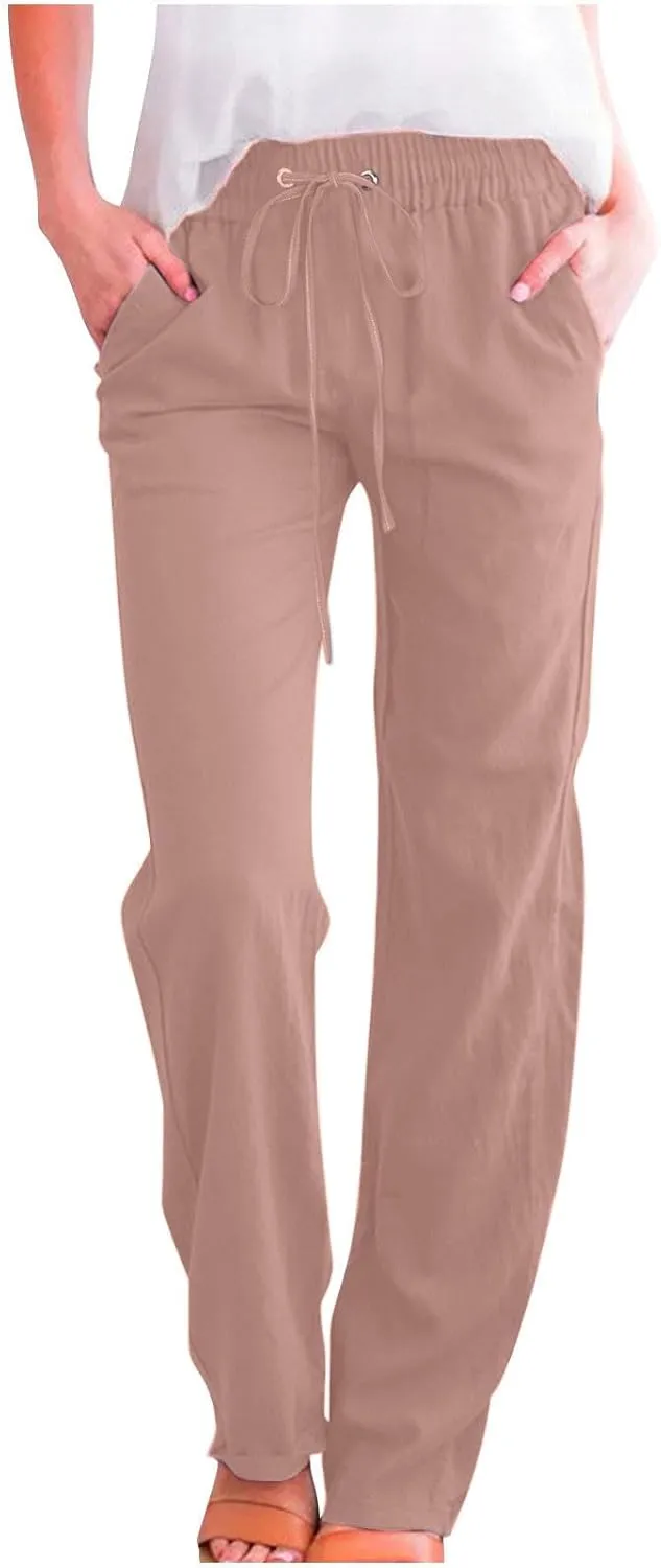 Women's Casual Trousers Solid Drawstring Linen Pants Loose Wide Leg Straight Leg Trousers Slim Fit Pants with Pocket