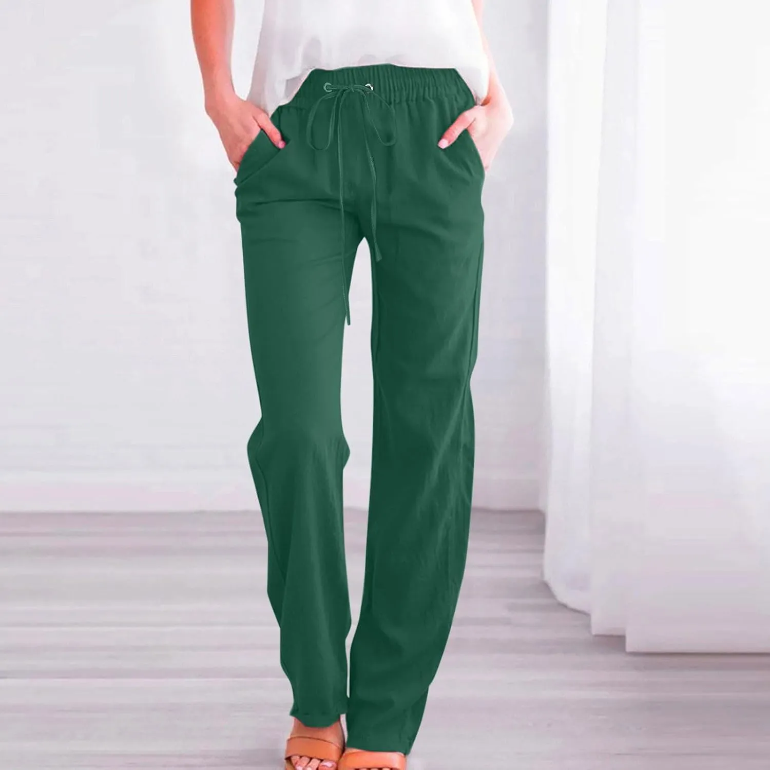 Women's Casual Trousers Solid Drawstring Linen Pants Loose Wide Leg Straight Leg Trousers Slim Fit Pants with Pocket