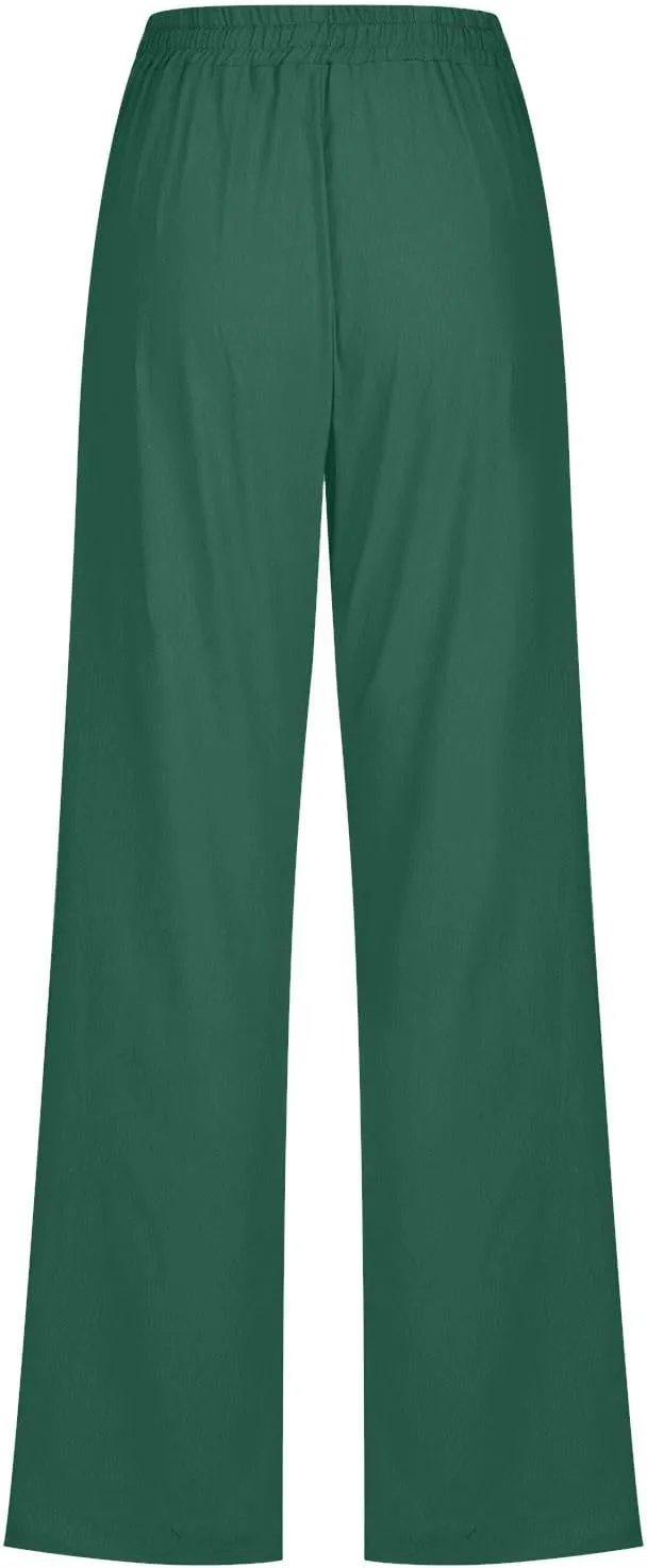 Women's Casual Trousers Solid Drawstring Linen Pants Loose Wide Leg Straight Leg Trousers Slim Fit Pants with Pocket