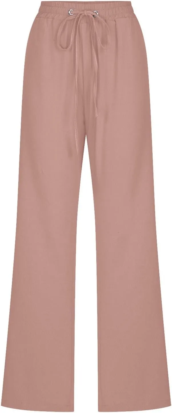 Women's Casual Trousers Solid Drawstring Linen Pants Loose Wide Leg Straight Leg Trousers Slim Fit Pants with Pocket