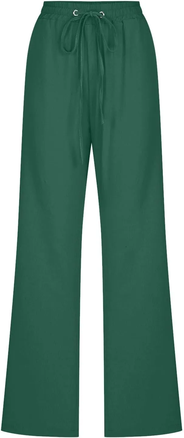 Women's Casual Trousers Solid Drawstring Linen Pants Loose Wide Leg Straight Leg Trousers Slim Fit Pants with Pocket