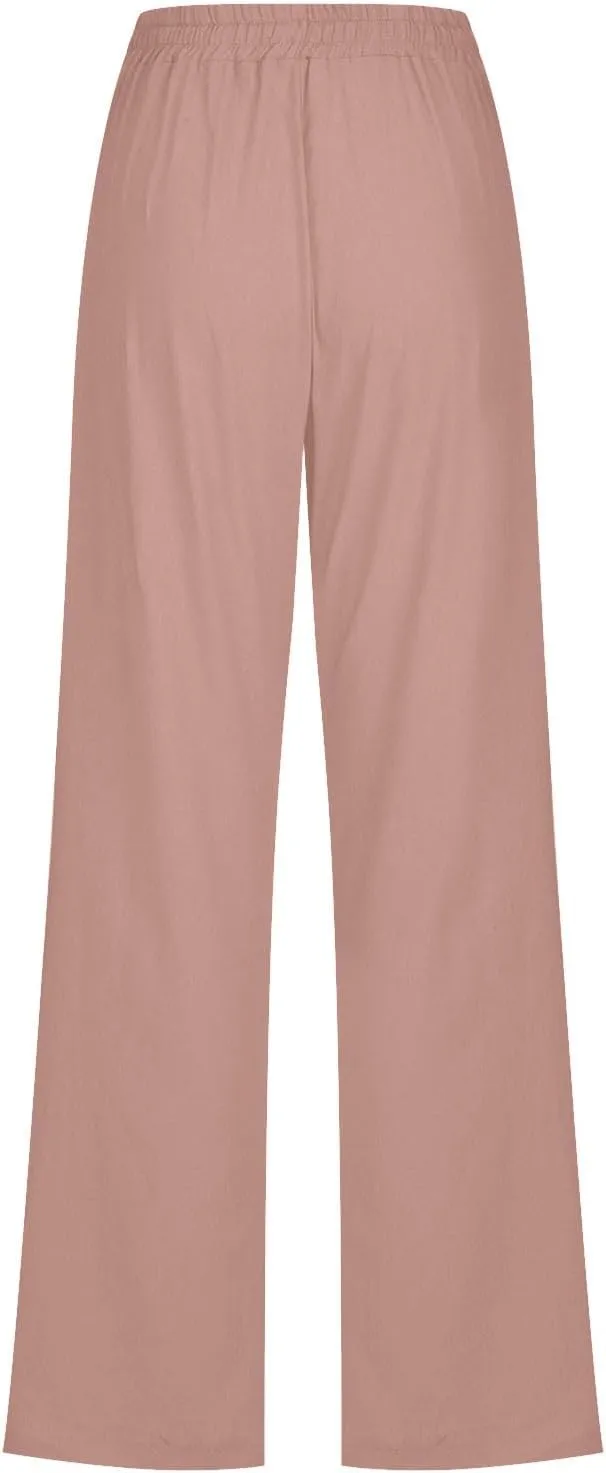 Women's Casual Trousers Solid Drawstring Linen Pants Loose Wide Leg Straight Leg Trousers Slim Fit Pants with Pocket