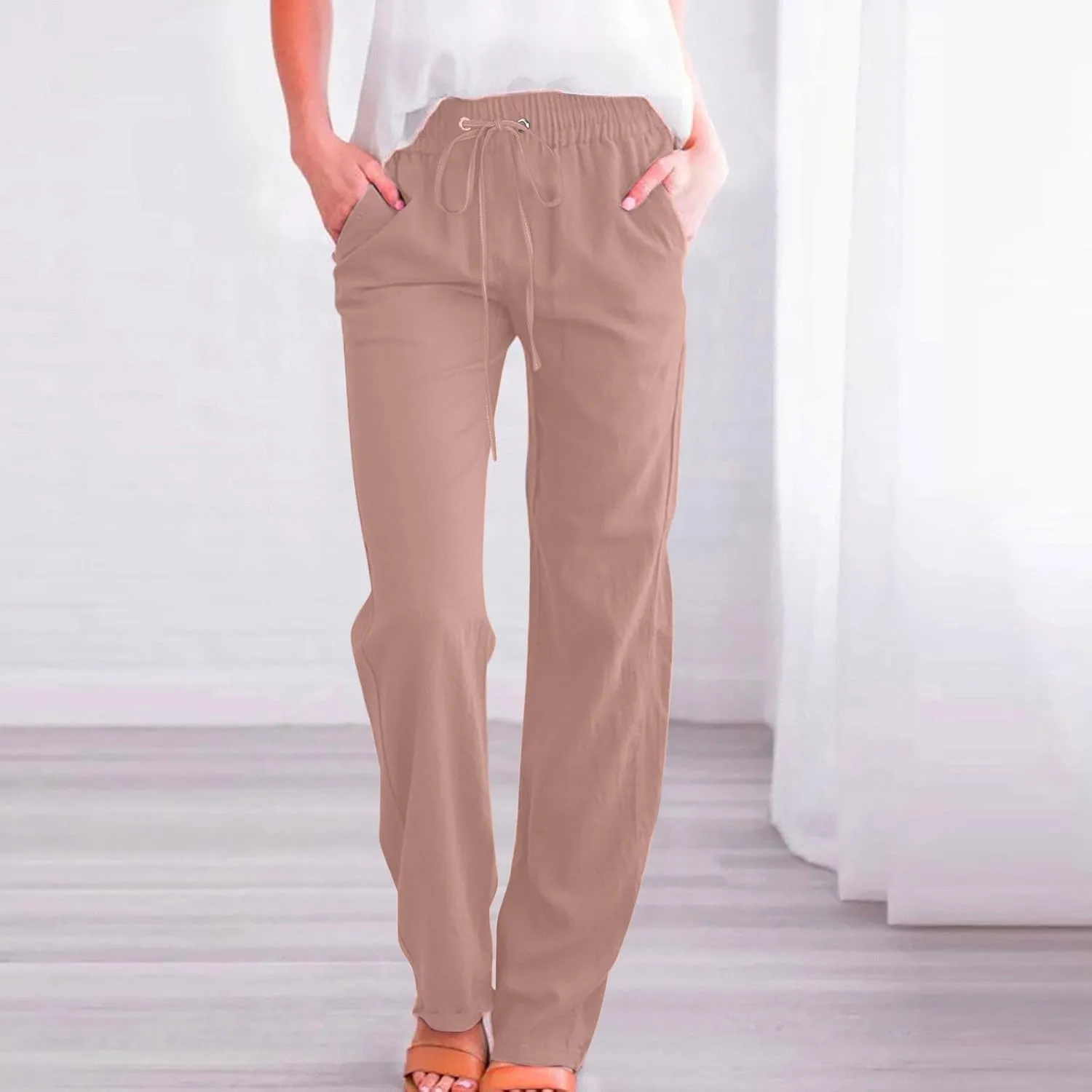 Women's Casual Trousers Solid Drawstring Linen Pants Loose Wide Leg Straight Leg Trousers Slim Fit Pants with Pocket