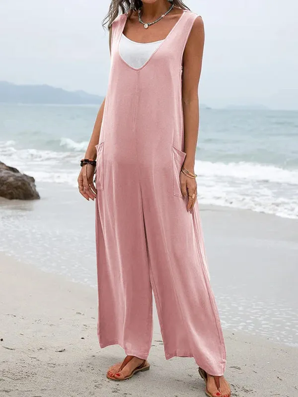 Women's Casual Wide Leg Patch Pocket Flowy V-Neck Jumpsuit
