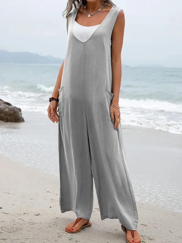 Women's Casual Wide Leg Patch Pocket Flowy V-Neck Jumpsuit
