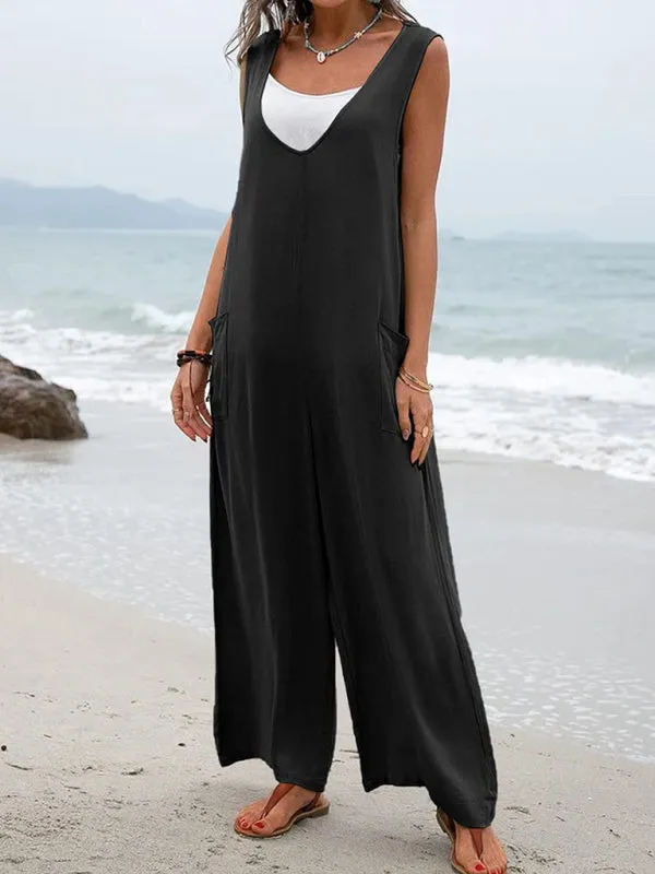 Women's Casual Wide Leg Patch Pocket Flowy V-Neck Jumpsuit