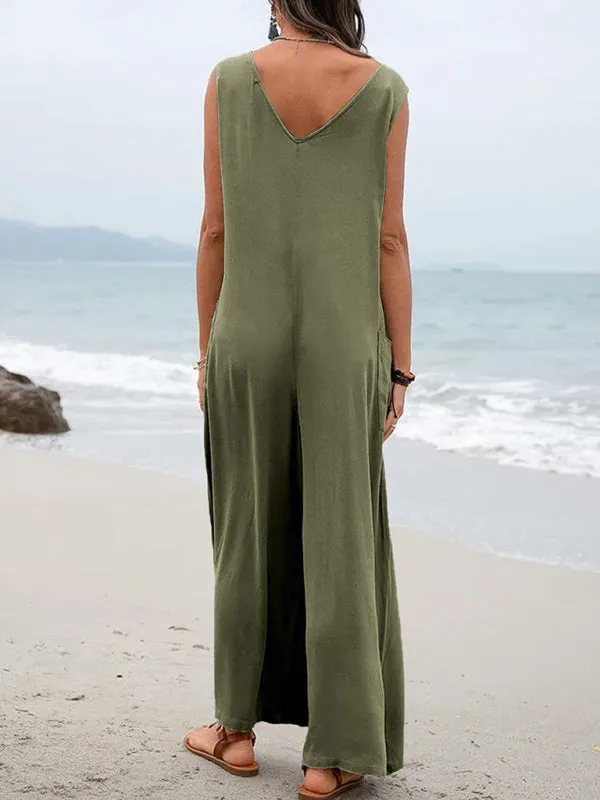 Women's Casual Wide Leg Patch Pocket Flowy V-Neck Jumpsuit