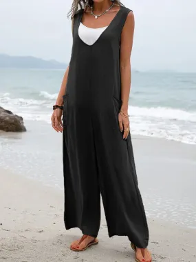 Women's Casual Wide Leg Patch Pocket Flowy V-Neck Jumpsuit
