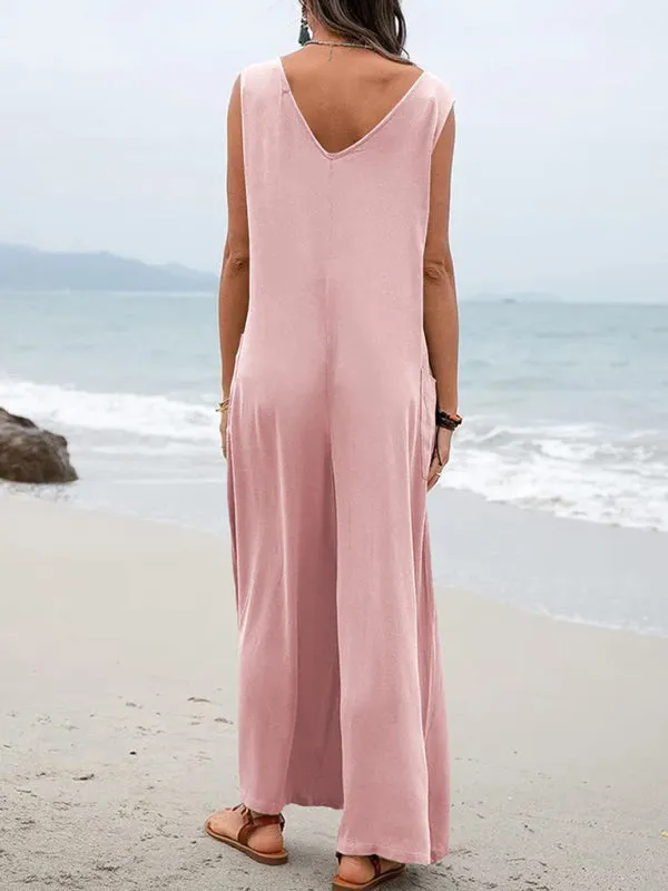 Women's Casual Wide Leg Patch Pocket Flowy V-Neck Jumpsuit