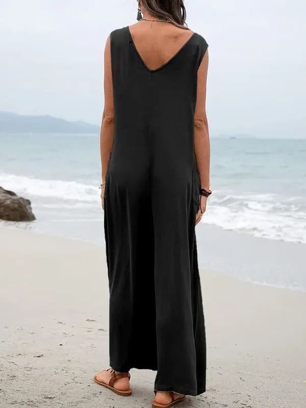 Women's Casual Wide Leg Patch Pocket Flowy V-Neck Jumpsuit