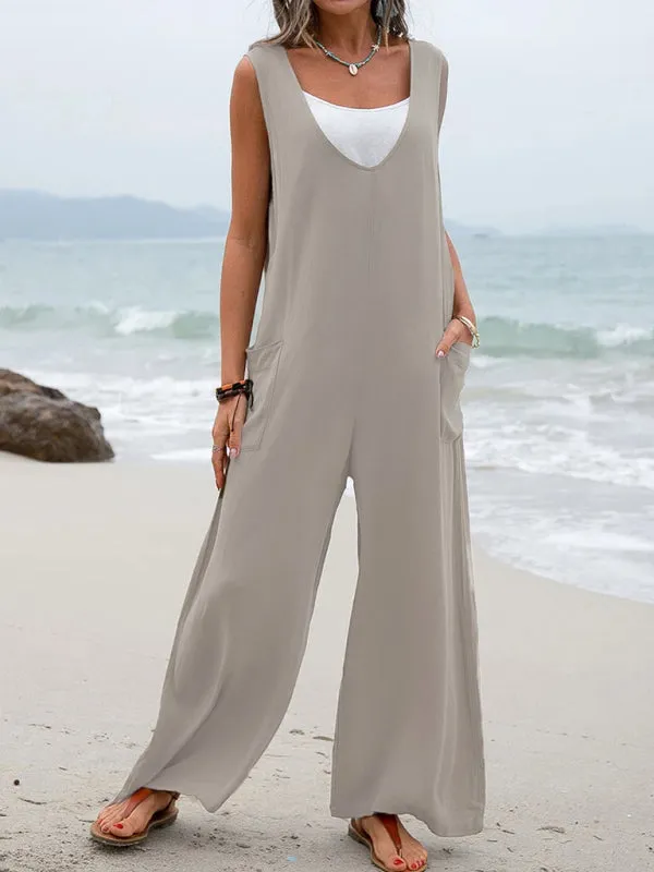 Women's Casual Wide Leg Patch Pocket Flowy V-Neck Jumpsuit