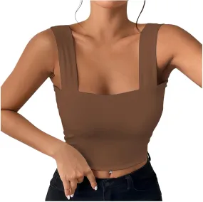 Women's Crop Tank Tops Slim Fit Yoga Sport Bra Stretchy Square Neck Backless Shirt Summer Cool Breathable Camisole
