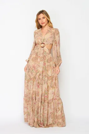 Women's Faith Apparel O-Ring Cut Out Taupe Paisley Print Maxi Dress