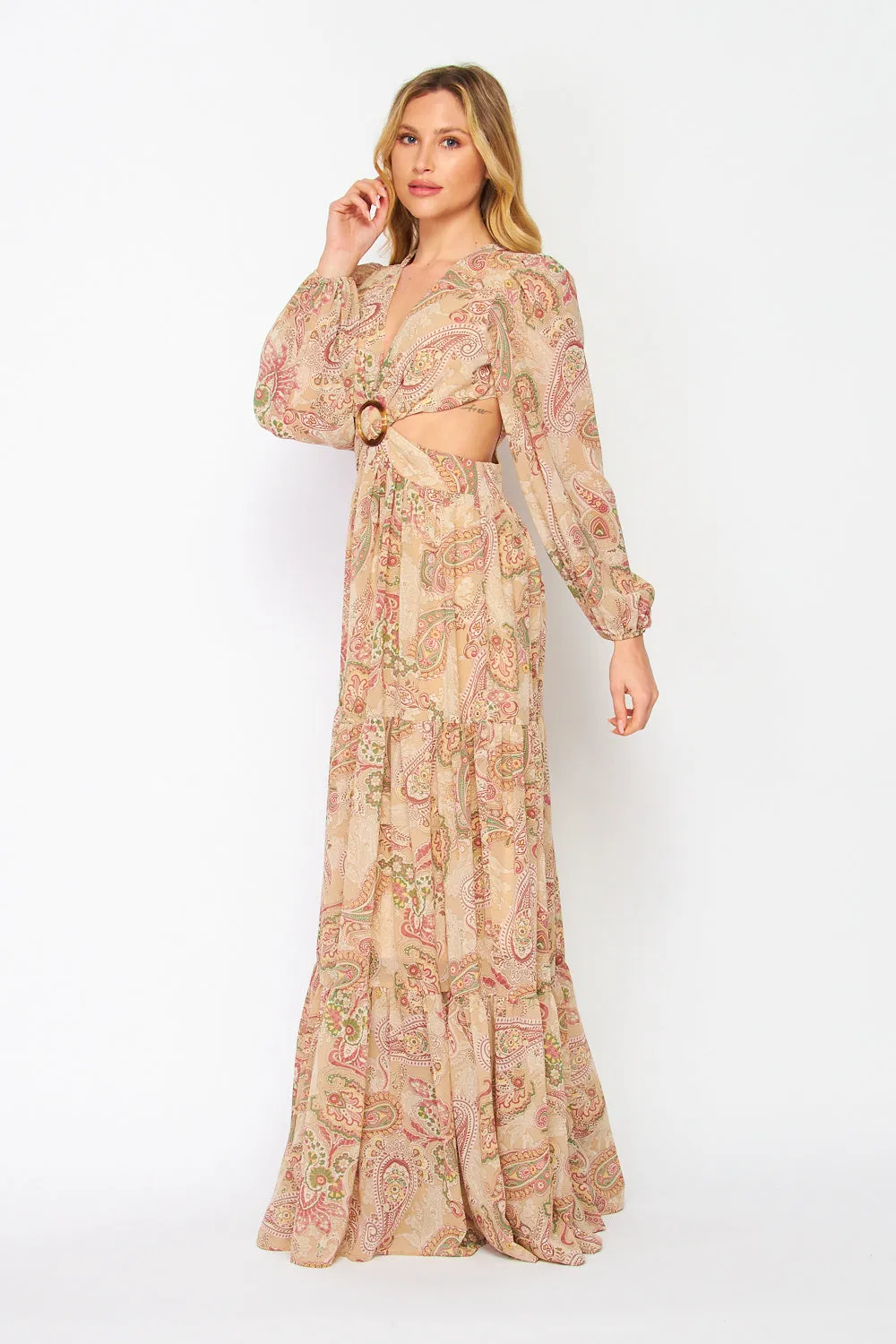 Women's Faith Apparel O-Ring Cut Out Taupe Paisley Print Maxi Dress