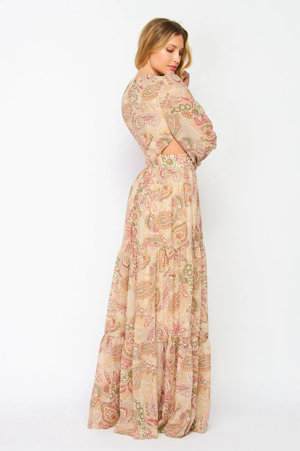 Women's Faith Apparel O-Ring Cut Out Taupe Paisley Print Maxi Dress