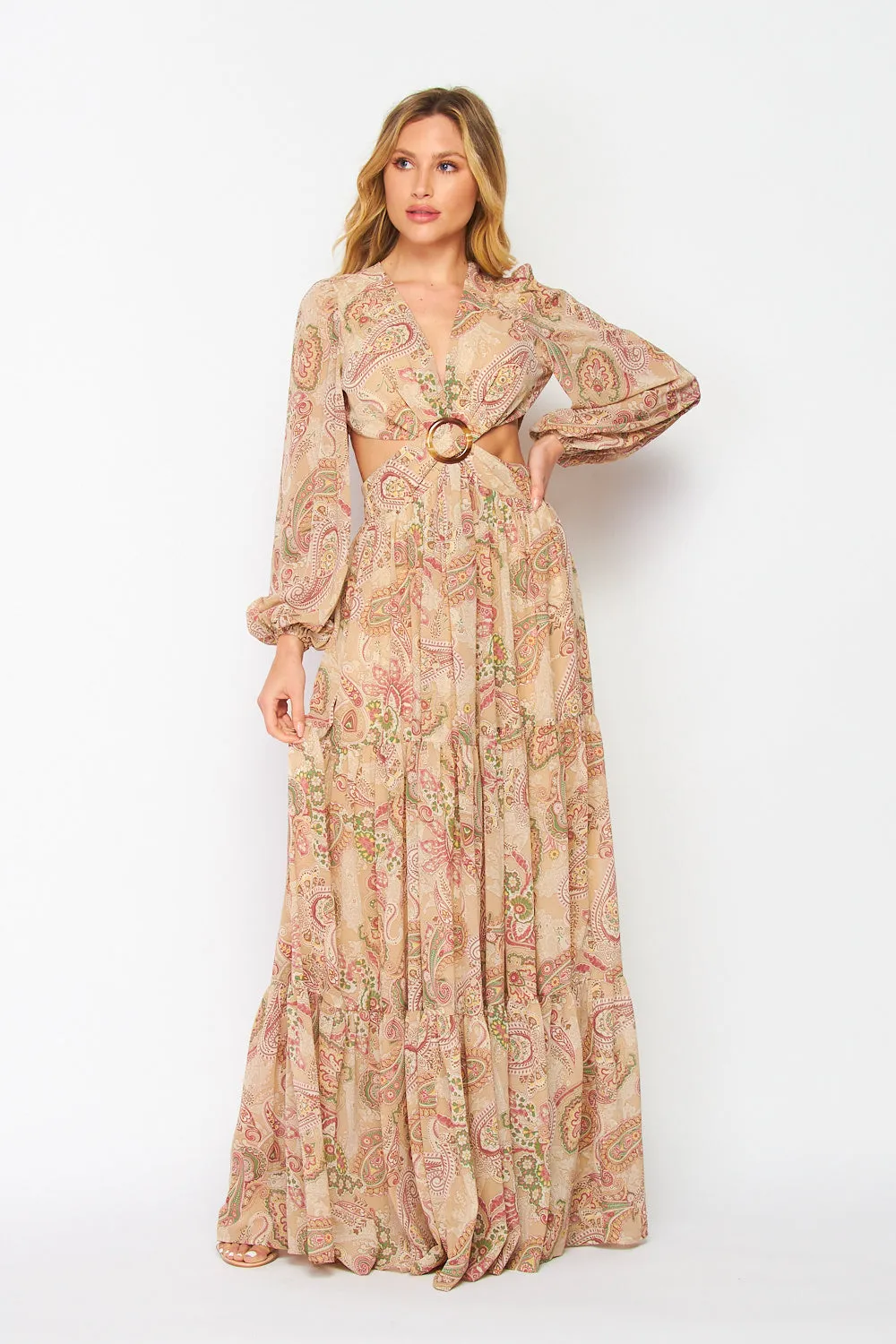 Women's Faith Apparel O-Ring Cut Out Taupe Paisley Print Maxi Dress