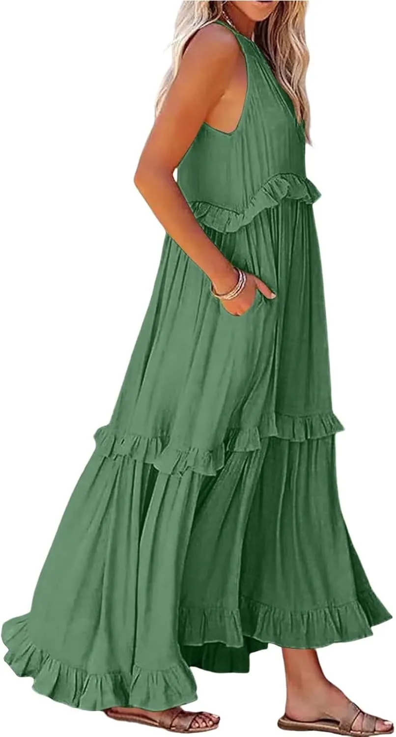 Womens Halter Dress Summer Tiered Flowy Maxi Dress Sleeveless Boho Ruffle Casual Beach Long Dress Wedding Guest Gress