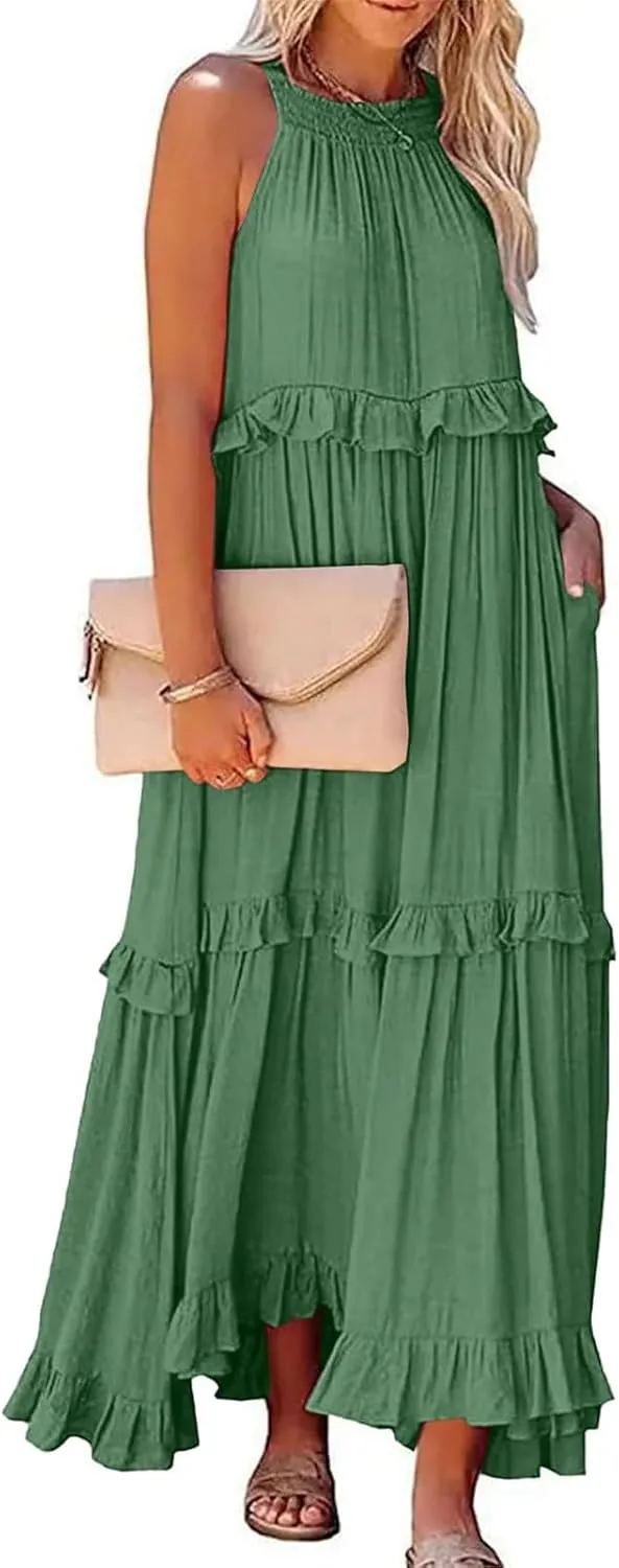 Womens Halter Dress Summer Tiered Flowy Maxi Dress Sleeveless Boho Ruffle Casual Beach Long Dress Wedding Guest Gress