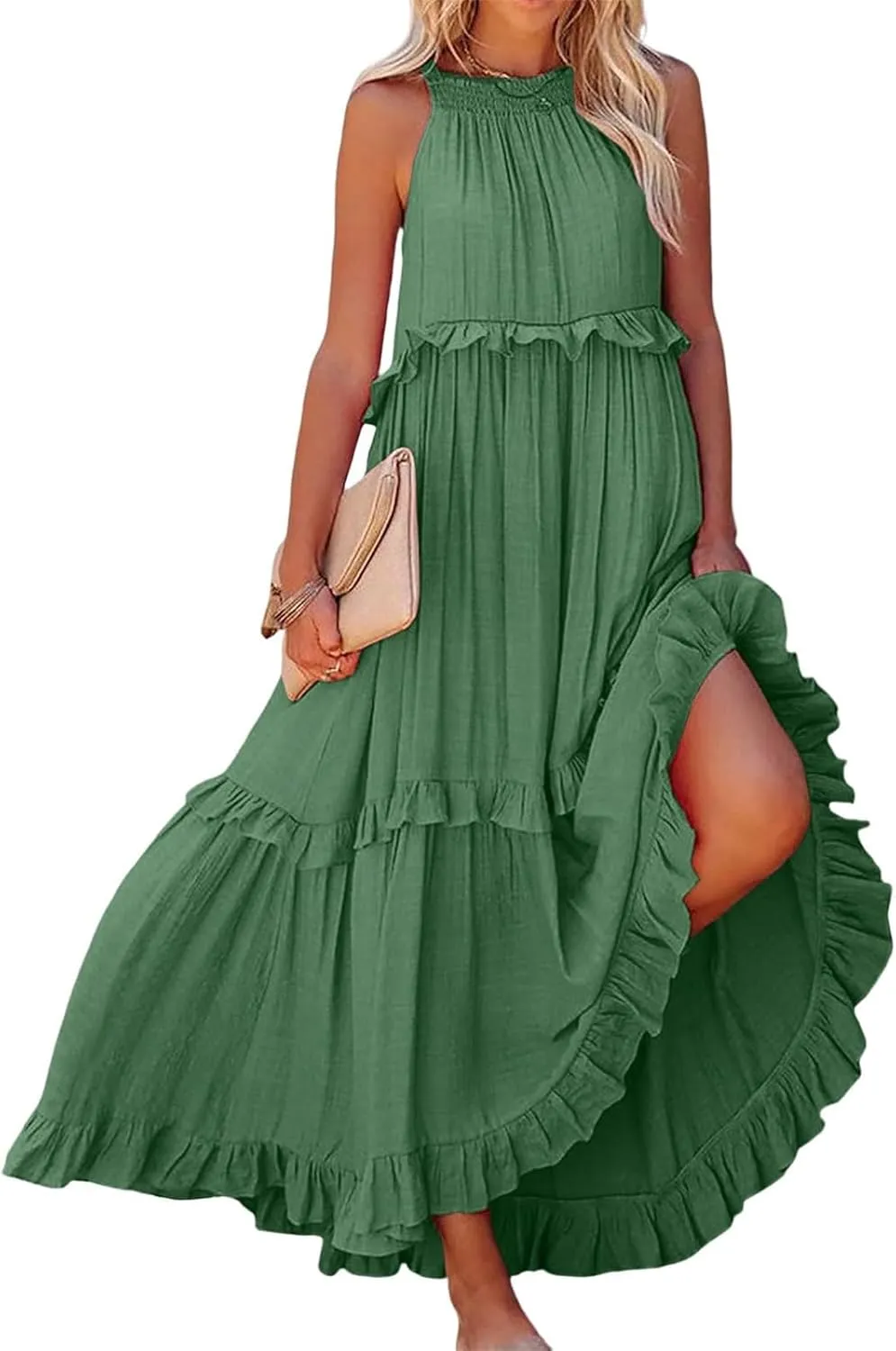 Womens Halter Dress Summer Tiered Flowy Maxi Dress Sleeveless Boho Ruffle Casual Beach Long Dress Wedding Guest Gress