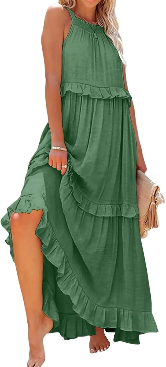 Womens Halter Dress Summer Tiered Flowy Maxi Dress Sleeveless Boho Ruffle Casual Beach Long Dress Wedding Guest Gress