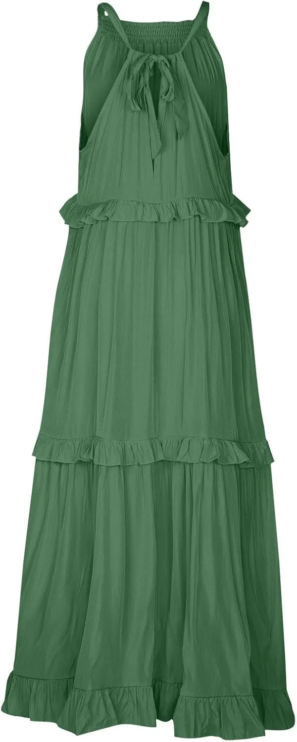 Womens Halter Dress Summer Tiered Flowy Maxi Dress Sleeveless Boho Ruffle Casual Beach Long Dress Wedding Guest Gress