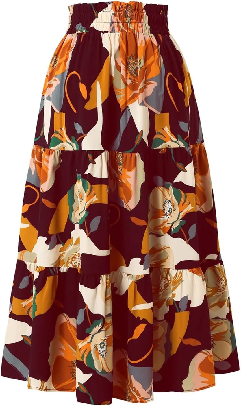Women's High Elastic Waist Bohemian Midi Skirt - Pleated Ruffle A-Line Skirt for Casual Wear