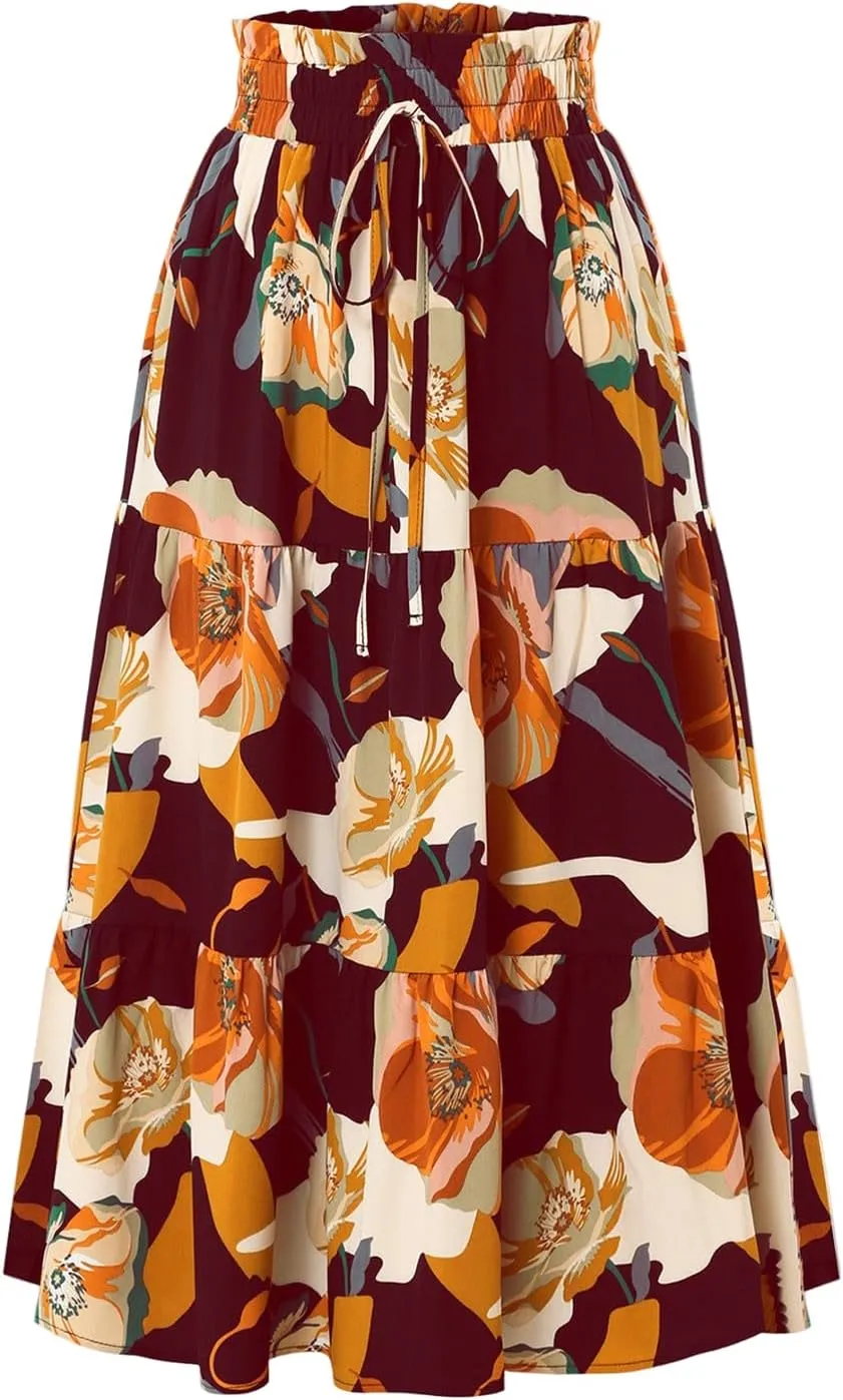 Women's High Elastic Waist Bohemian Midi Skirt - Pleated Ruffle A-Line Skirt for Casual Wear