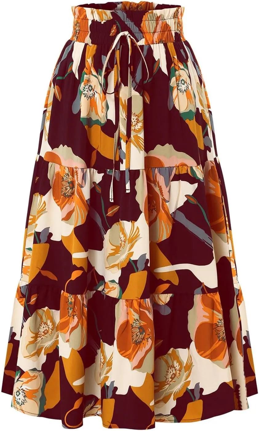 Women's High Elastic Waist Bohemian Midi Skirt - Pleated Ruffle A-Line Skirt for Casual Wear
