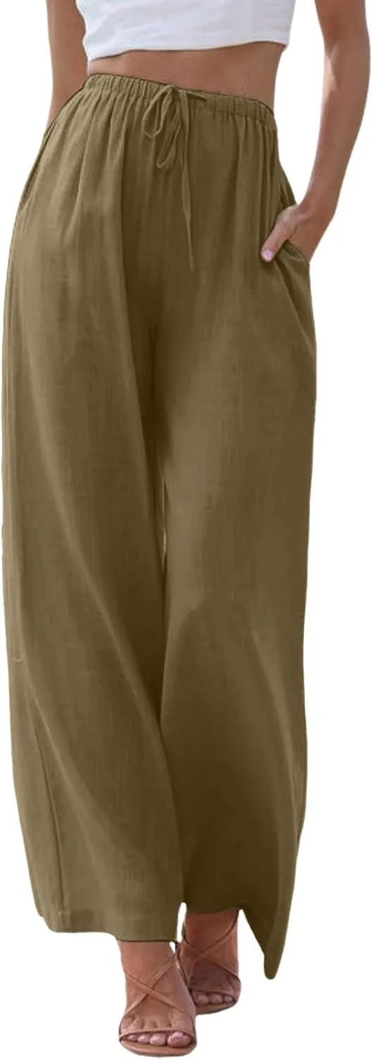Womens Linen Palazzo Pants Flowy High Waisted Wide Leg Pants Casual Summer Loose Comfy Beach Pant Lightweight Trousers