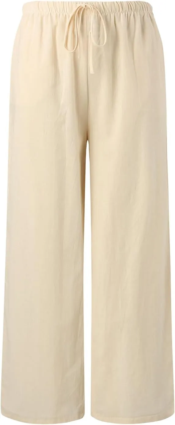 Womens Linen Palazzo Pants Flowy High Waisted Wide Leg Pants Casual Summer Loose Comfy Beach Pant Lightweight Trousers