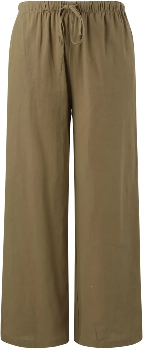 Womens Linen Palazzo Pants Flowy High Waisted Wide Leg Pants Casual Summer Loose Comfy Beach Pant Lightweight Trousers