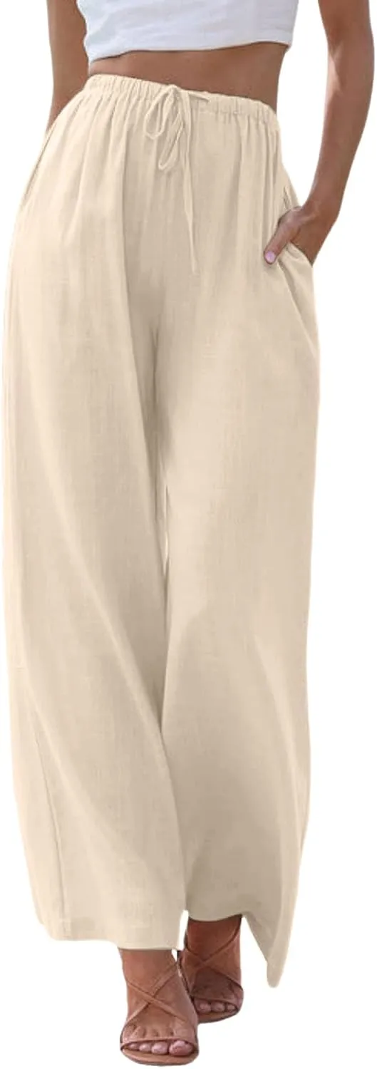 Womens Linen Palazzo Pants Flowy High Waisted Wide Leg Pants Casual Summer Loose Comfy Beach Pant Lightweight Trousers