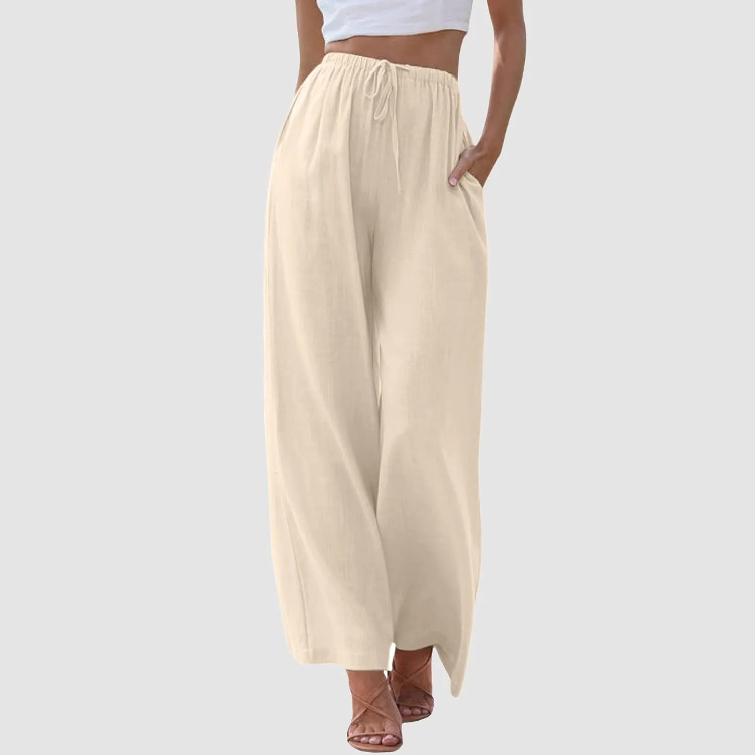 Womens Linen Palazzo Pants Flowy High Waisted Wide Leg Pants Casual Summer Loose Comfy Beach Pant Lightweight Trousers