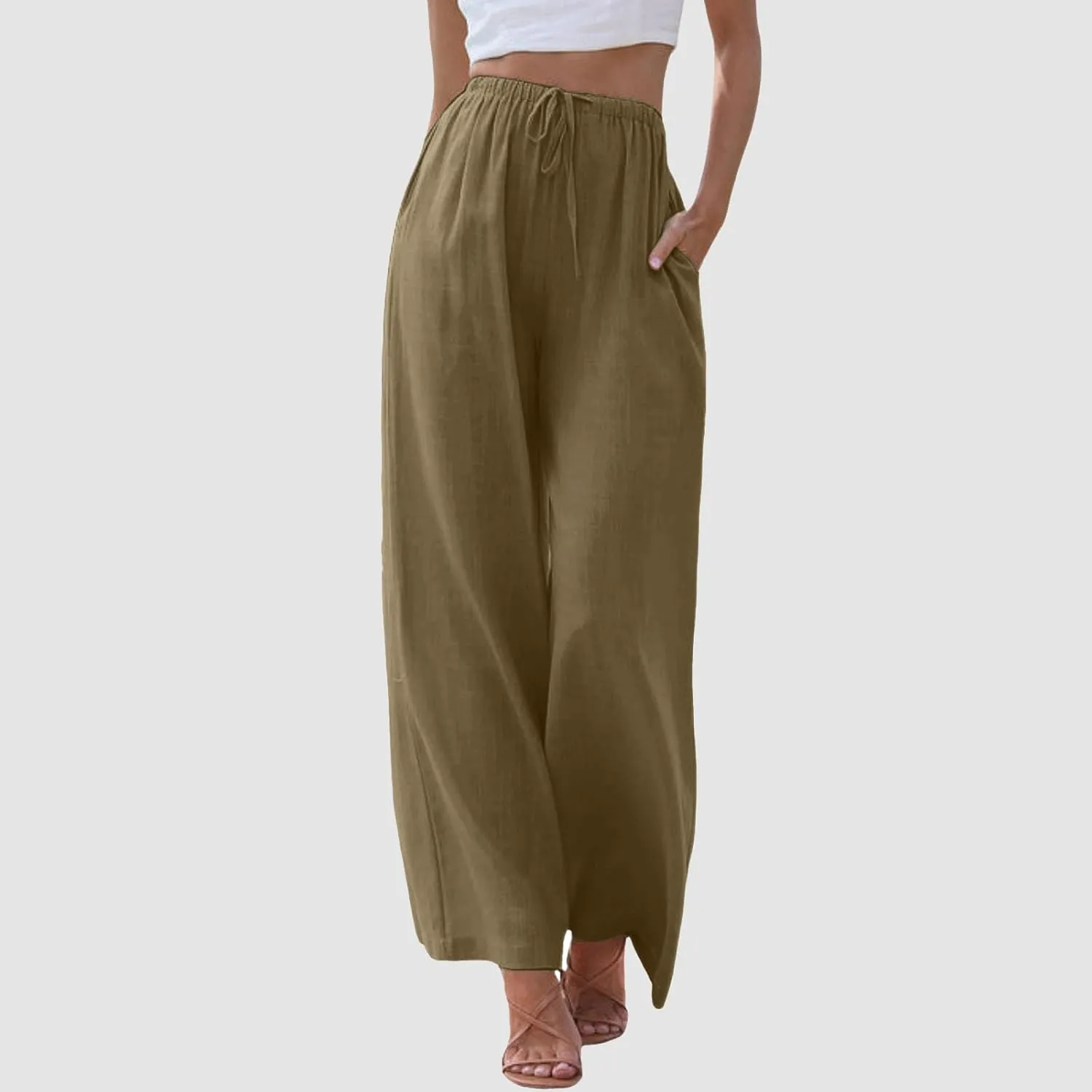 Womens Linen Palazzo Pants Flowy High Waisted Wide Leg Pants Casual Summer Loose Comfy Beach Pant Lightweight Trousers