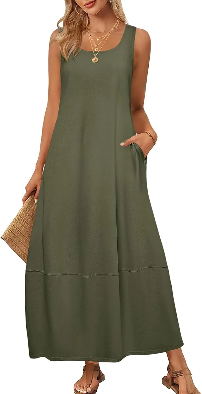 Women's Maxi Dress Summer Casual Sundress Sleeveless Long Dresses Loose Beach Vacation Flowy Swing Midi Dress Pockets