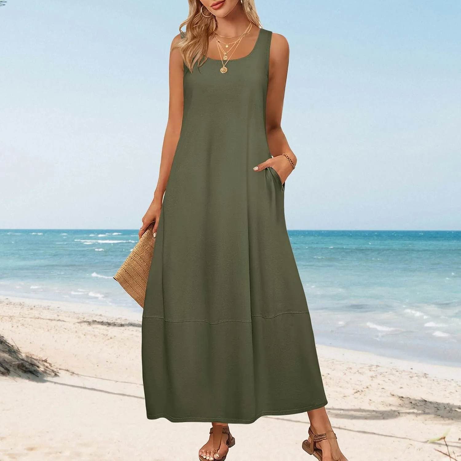 Women's Maxi Dress Summer Casual Sundress Sleeveless Long Dresses Loose Beach Vacation Flowy Swing Midi Dress Pockets