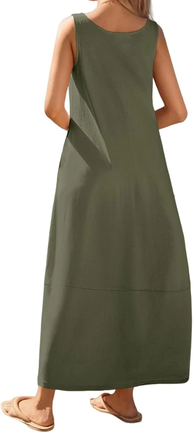 Women's Maxi Dress Summer Casual Sundress Sleeveless Long Dresses Loose Beach Vacation Flowy Swing Midi Dress Pockets