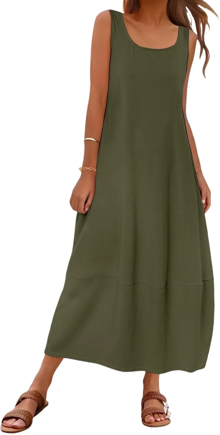Women's Maxi Dress Summer Casual Sundress Sleeveless Long Dresses Loose Beach Vacation Flowy Swing Midi Dress Pockets