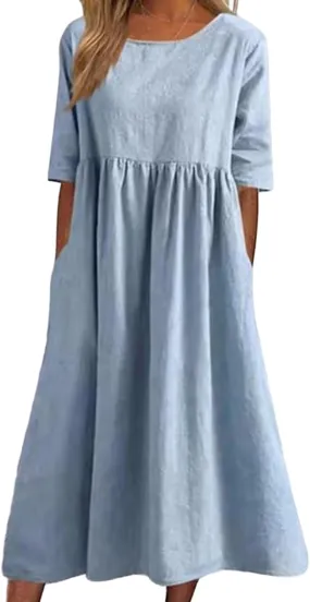 Womens Oversized Baggy Flowy Cotton Linen Maxi Dresses Summer Beach Short Sleeve Round Neck Pleated Dress Sundress