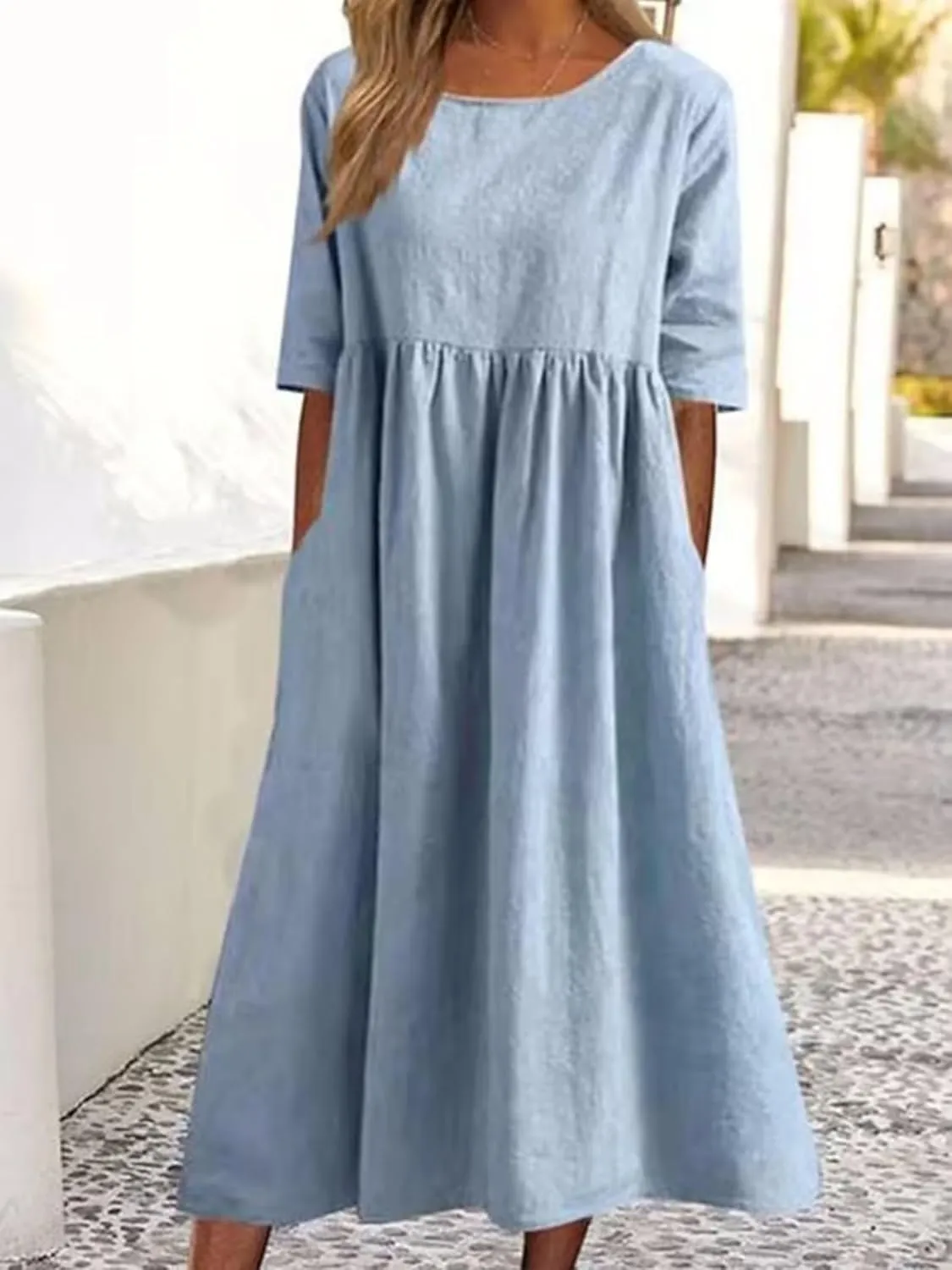 Womens Oversized Baggy Flowy Cotton Linen Maxi Dresses Summer Beach Short Sleeve Round Neck Pleated Dress Sundress