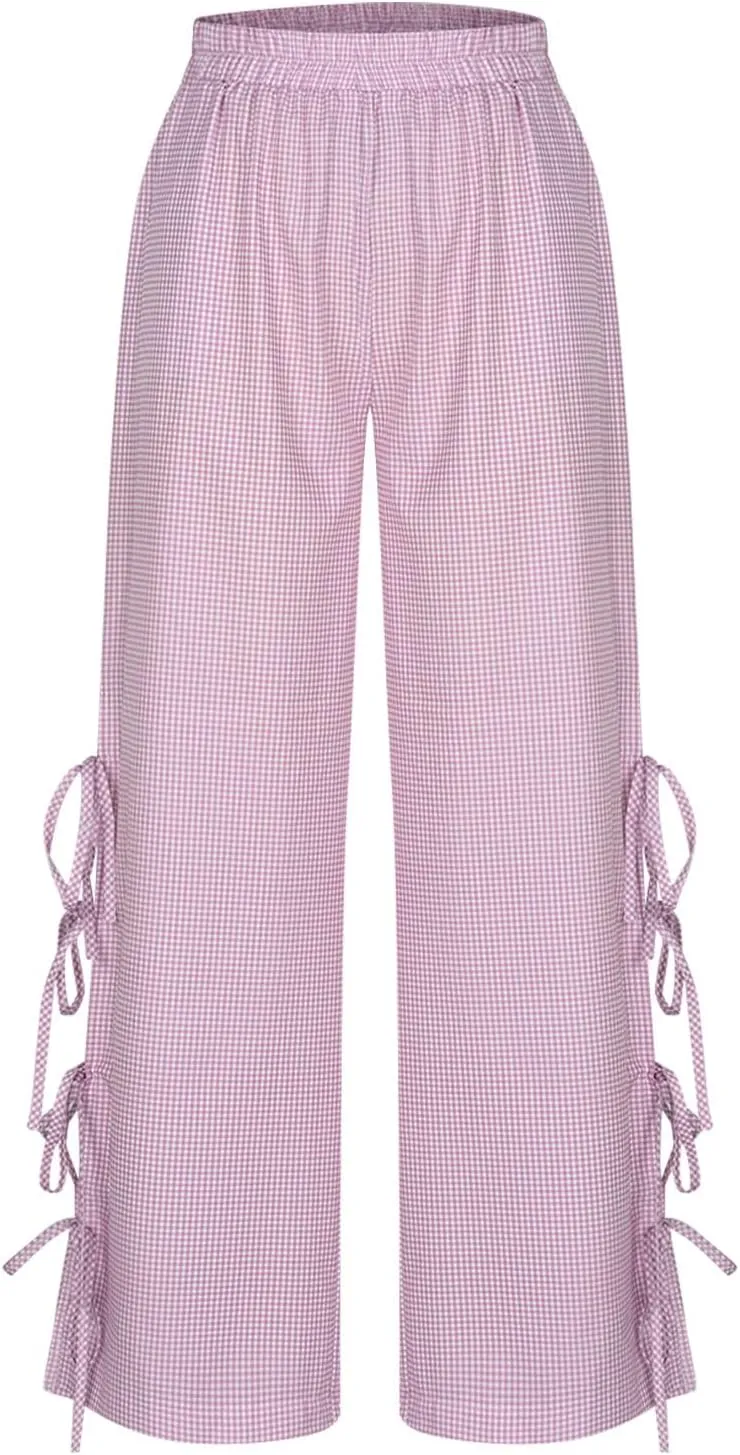 Women's Plaid Printed Wide Leg Straight Pants Lace Up Elastic Waist Trousers Fashion Soft Pants with Pockets