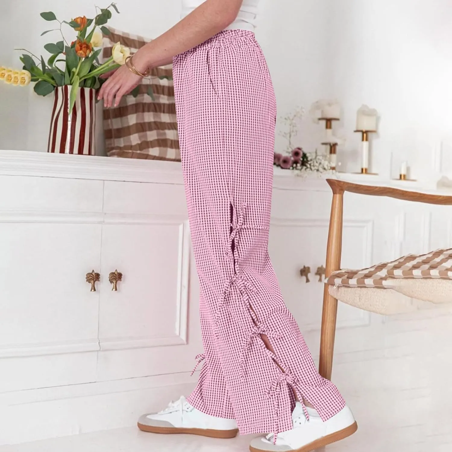 Women's Plaid Printed Wide Leg Straight Pants Lace Up Elastic Waist Trousers Fashion Soft Pants with Pockets